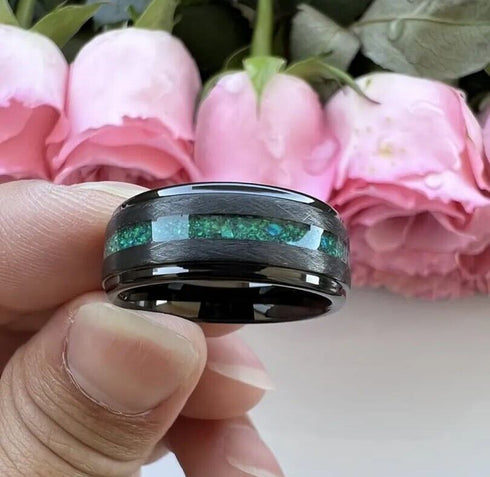 Men's 8mm Tungsten Beveled Edges Black Emerald Opal Siderite Wedding Band